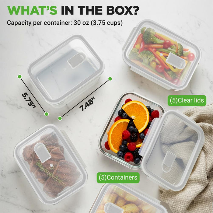 10-Piece Glass Food Storage Set, Leak-Proof, Borosilicate, Gray
