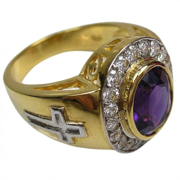 Side view of men's 14K gold cross ring with oval amethyst and silver-toned cross on brushed gold shoulder