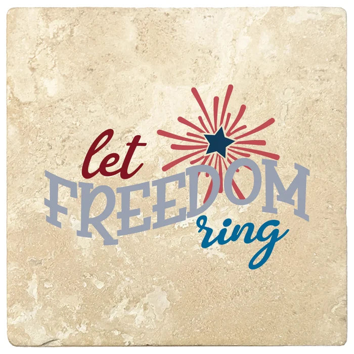 4 Inch Square Travertine Let Freedom Ring, 2 Sets of 4, 8 Pieces - Christmas by Krebs Wholesale