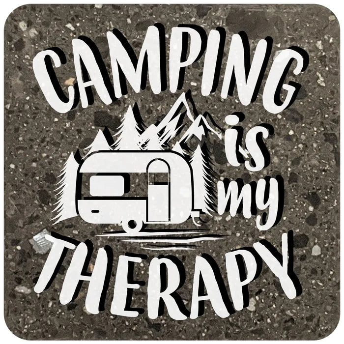 4" Square Black Stone Coaster - Camping Is My Therapy, 2 Sets of 4, 8 Pieces - Christmas by Krebs Wholesale