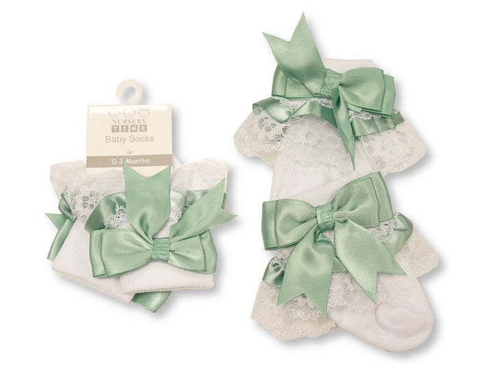 Baby Socks With Lace and Bow - Sage Green (0-18M) (PK6) BW 61-2220SG