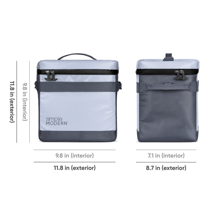 Two minimalist backpacks in light periwinkle blue and charcoal gray with white accents, displayed against a white background.
