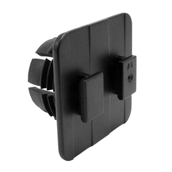 The Dual T-Tab to 22mm Ball Mount Adapter is a black, square plastic cap with ribbed sides and two rectangular tabs, designed for easy insertion into square tubesβideal as an Arkon mount or adapter.