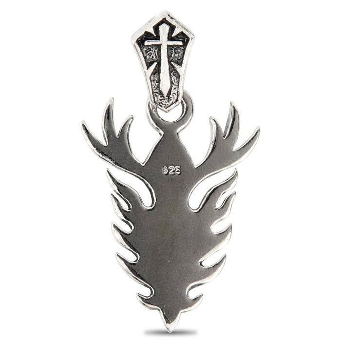 Back view of the sterling silver flame pendant with the stamped 925 hallmark and cross-textured bail