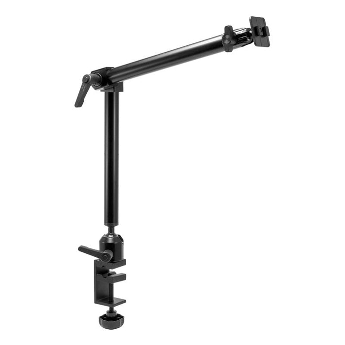 The Heavy-Duty Clamp Mounting Pedestal with 22 Arm - Dual-T Compatible features a black adjustable arm with pivot joints and a strong table/desk clamp, designed to securely hold devices or equipment.