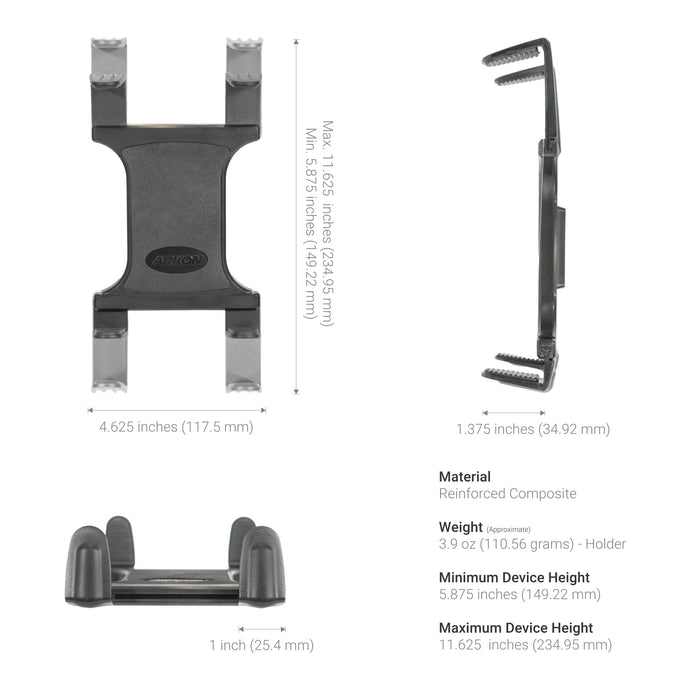 The Heavy-Duty Drill-Base Tablet Mount with 22 Arm is shown in black from three angles with measurements—fits devices 5.875–11.625 high, 4.625 wide, and 1.375 deep; made of reinforced composite and weighs 3.9 oz.