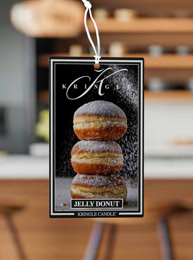 Kringle Candle jelly donut air freshener with a blurred background