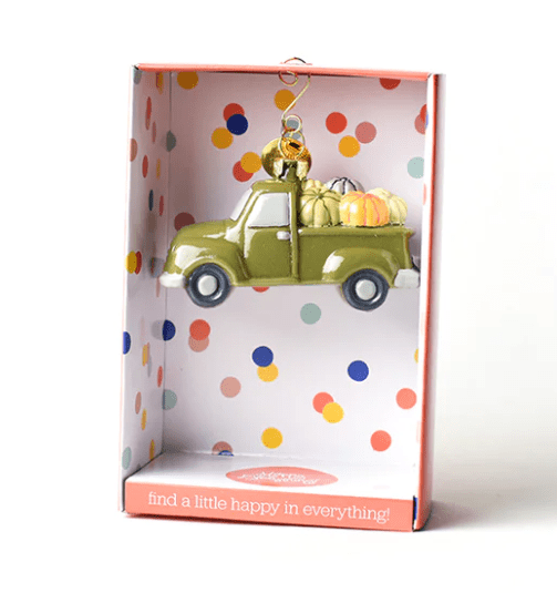 Pumpkin Truck Ornament in packaging