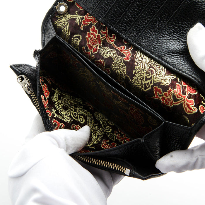 The interior of the biker wallet showing the luxurious Emperor Dragon silk lining and multiple card slots.