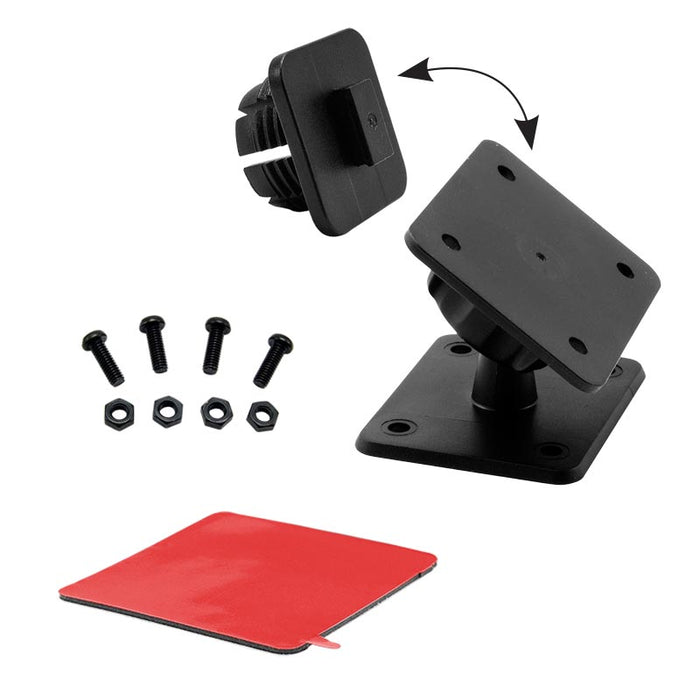 The Satellite Radio Drill-Base Mount for Sirius XM Onyx Plus StarMate, Lynx, and Dock & Play features a black adjustable bracket with a square base, 4-hole AMPS pattern, screws, nuts, adhesive pad, and detachable connector.