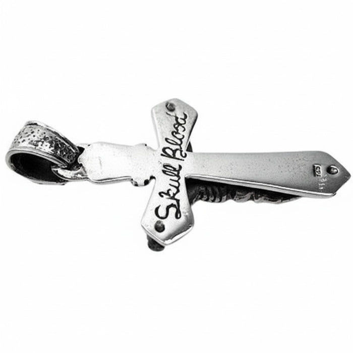 The back of the gothic cross pendant showing the 'Skull Blood' engraving and .925 sterling silver hallmark.