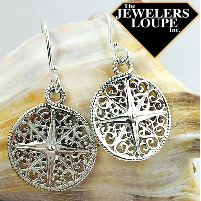 Southern Gates Compass Earrings Harbor Series 18mm Rhodium plated 925 sterling silver Designed in Charleston, SC As a tribute to the hundreds of coastal communities across the country, the Southern Gates® Harbor Series celebrates sailors, swimmers, and sun soakers with jewelry inspired by timeless nautical elements.