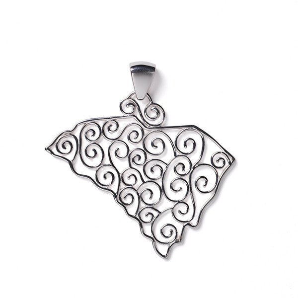 Southern Gates® South Carolina State Pendant With Full Filigree State Series 35x40mm 925 sterling silver Designed in Charleston, SC Southern Gates® state jewelry honors the love and beauty of the special places we call home.