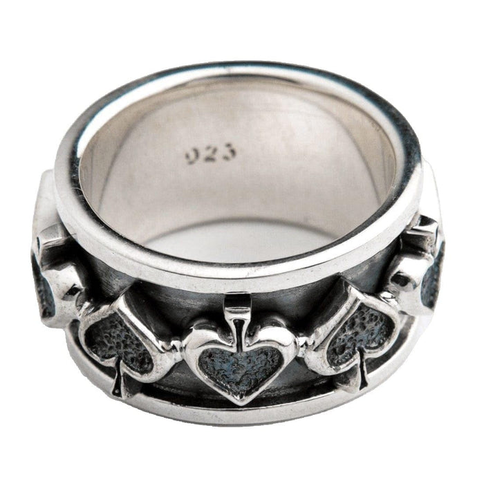 The inside of the heavy silver spinner ring, showing the 925 hallmark stamp and solid construction.