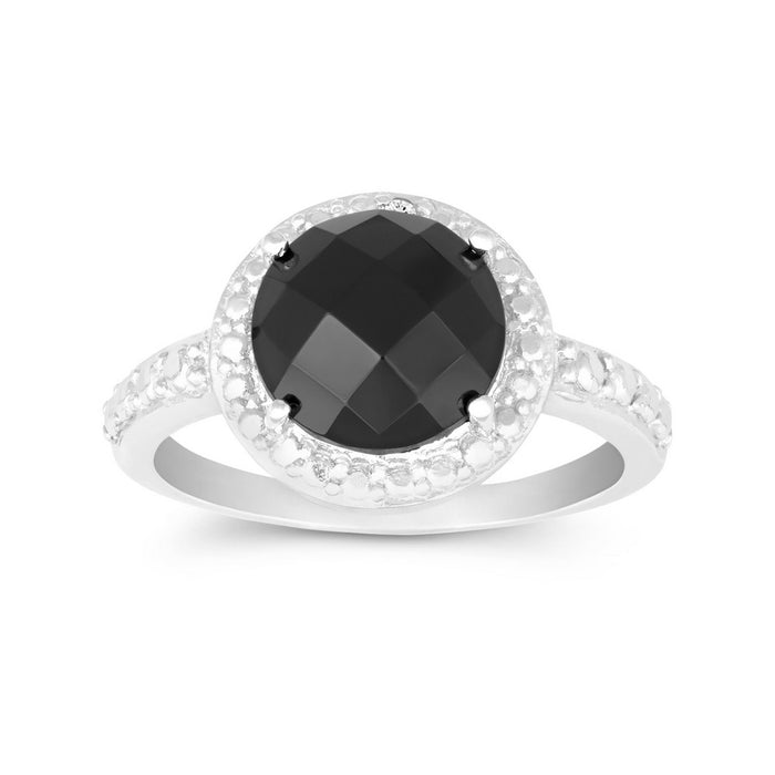 Sterling Silver Ring set with Round Checkerboard Cut Black Onyx with Diamond Accents in Halo