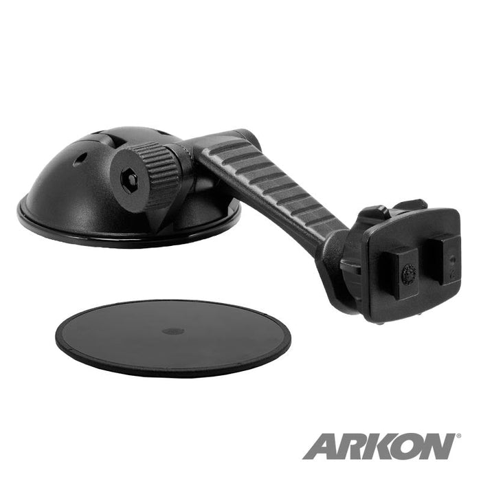 The Sticky Suction Car Windshield or Dash Mounting Pedestal - Dual-T Compatible is a black dashboard mount with an adjustable arm and round adhesive disk. Shown on a white background with ARKON in gray at the bottom right.
