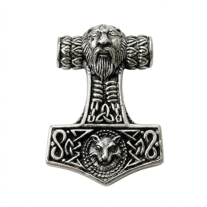 Direct view of the silver Mjolnir pendant emphasizing the sculpted bearded face top and central triquetra knotwork.