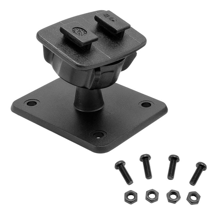A black VSM or AMPS Pattern Adapter with a square base, shown with four screws and hex nutsβideal as a Dual-T mount adapter or for use with Magellan RoadMate GPS mounts.