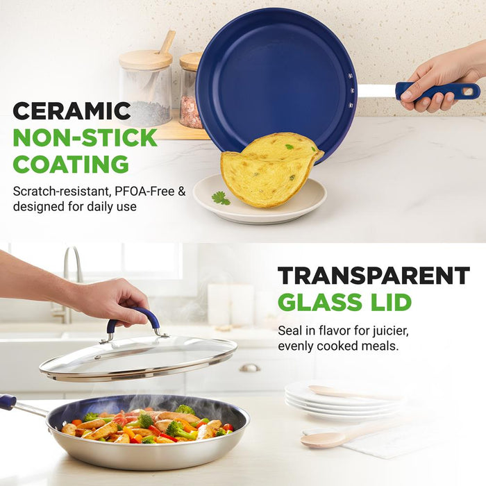 10" Nonstick Fry Pan with Lid, Ceramic Coating, Blue Silicone Handle