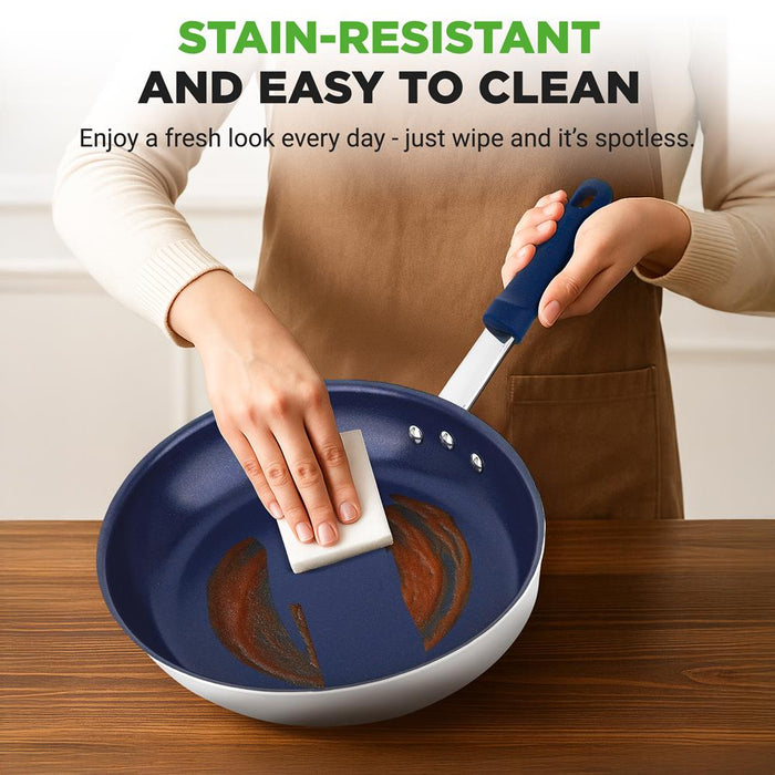 10" Nonstick Fry Pan with Lid, Ceramic Coating, Blue Silicone Handle
