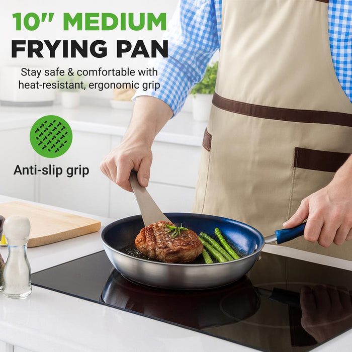 10" Nonstick Fry Pan with Lid, Ceramic Coating, Blue Silicone Handle