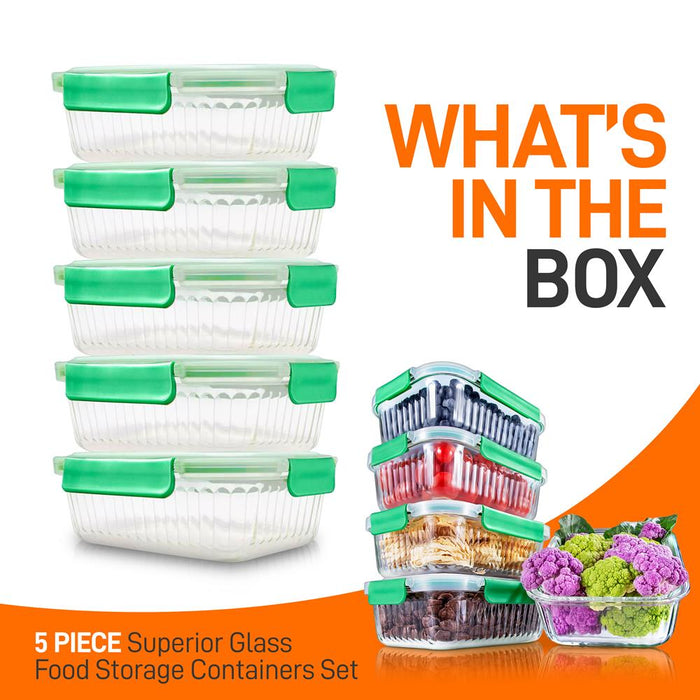 10-Piece Glass Food Storage Set - Leakproof Airtight Lids, Oven Safe