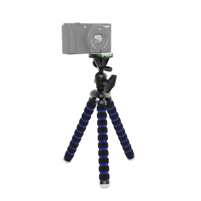 The 11 Inch Flexible Camera Tripod for Canon, Nikon, Samsung, and other 1/4-20 digital cameras with black and blue striped legs holds a compact camera on a white background—ideal for content creators.