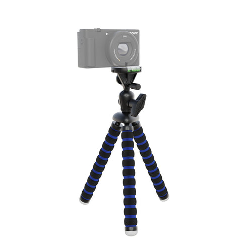 The 11 Inch Flexible Camera Tripod for Canon, Nikon, Samsung, and other 1/4-20 digital cameras with black and blue striped legs holds a compact camera on a white background—ideal for content creators.