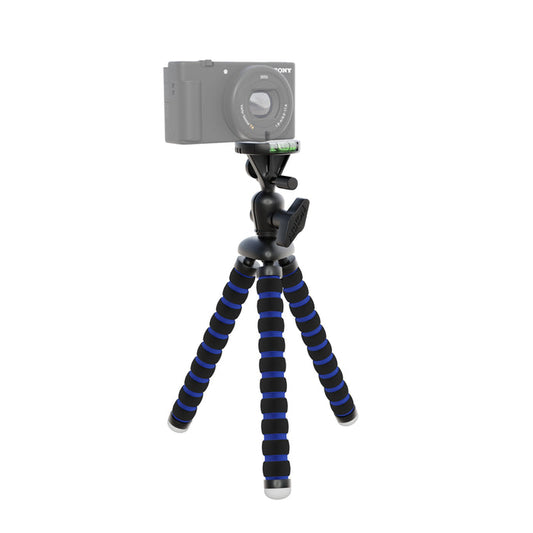 The 11 Inch Flexible Camera Tripod for Canon, Nikon, Samsung, and other 1/4-20 digital cameras with black and blue striped legs holds a compact camera on a white background—ideal for content creators.