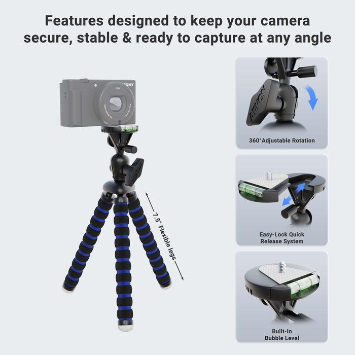 The 11 Inch Flexible Camera Tripod for Canon, Nikon, Samsung, and other 1/4-20 cameras features blue and black legs, 360° adjustable rotation, an easy-lock quick release system, and a built-in bubble level—ideal for content creators.