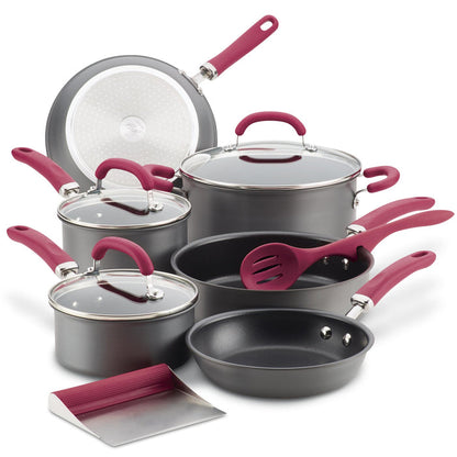 11-piece hard anodized nonstick induction cookware set with matching utensils.
