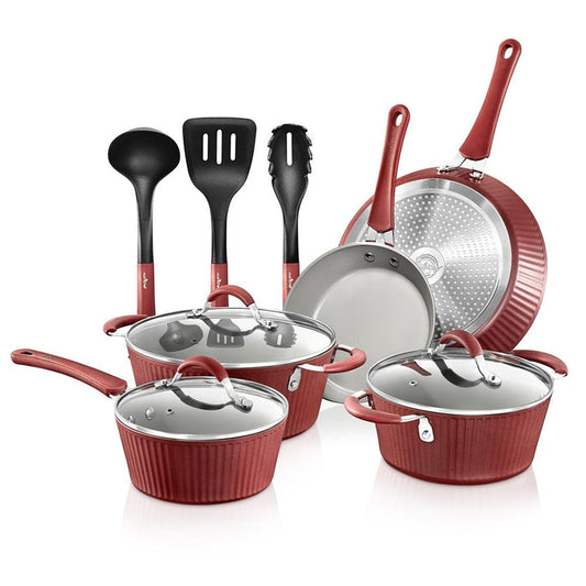 11-Piece Non-Stick Cookware Set, Even Heat, Ceramic Coating, Red