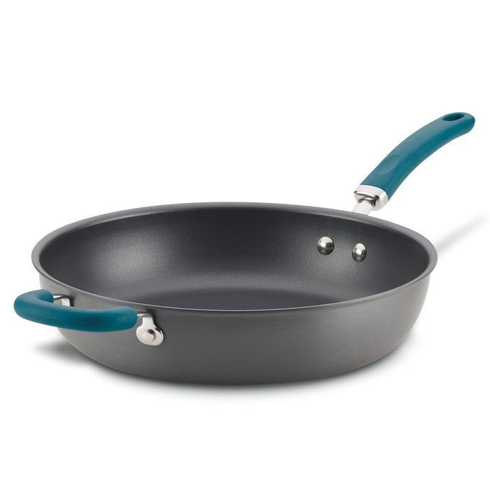 12.5" Anodized Nonstick Deep Frying Pan with teal handles; oven safe.