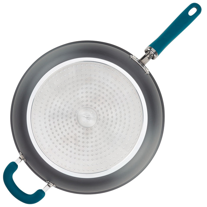 Top view of a 12.5" anodized nonstick deep frying pan with blue handles.