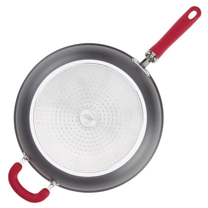 Top view of 12.5" anodized nonstick deep frying pan with helper handle.