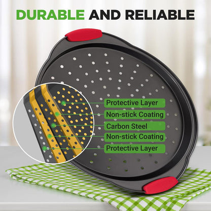 13" Nonstick Pizza Tray - Even Baking, Perforated Carbon Steel, Gray