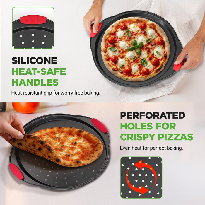13" Nonstick Pizza Tray - Even Baking, Perforated Carbon Steel, Gray