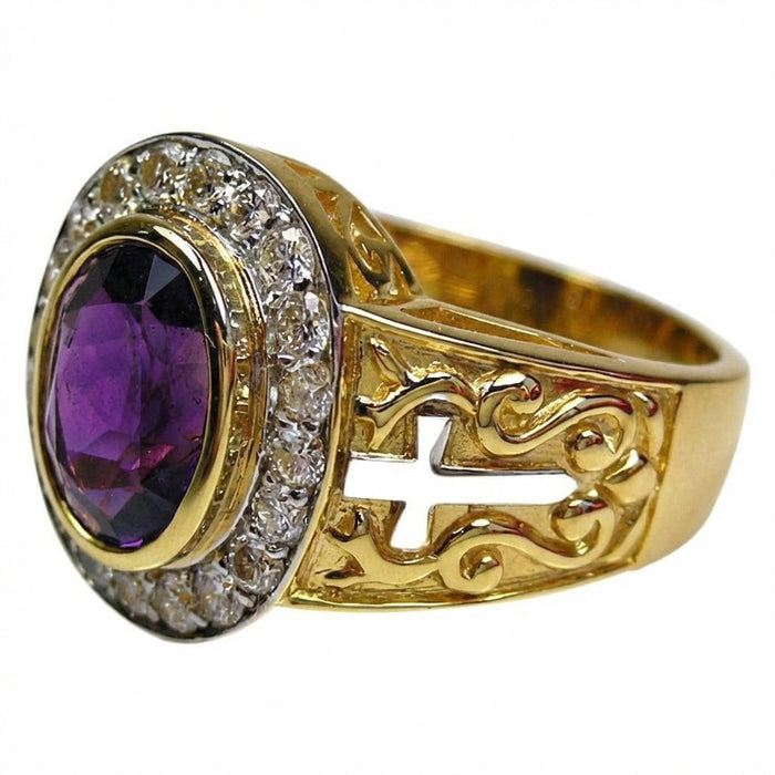 14K yellow gold amethyst bishop ring with diamond halo and ornate filigree cross on band shoulder
