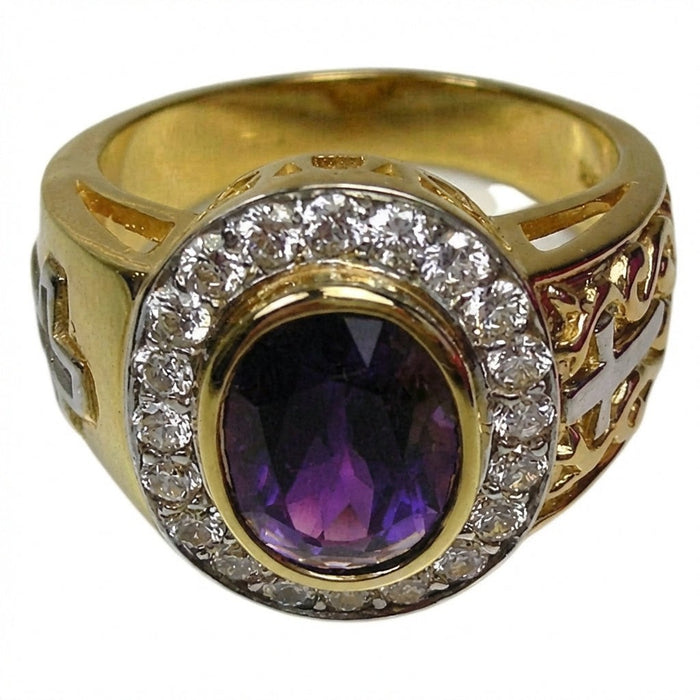 Top view of 14K gold oval amethyst ring with sparkling CZ diamond halo and filigree shoulders