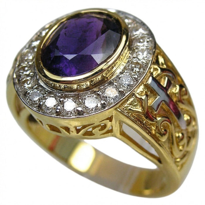 Angled view of gold bishop ring showing deep purple amethyst and prominent cross motif on band