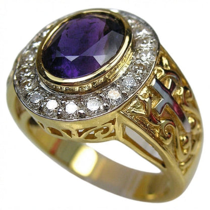 Angled view of gold bishop ring showing deep purple amethyst and prominent cross motif on band