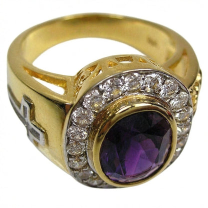 Three-quarter view of men's amethyst cross ring in 14K yellow gold with CZ halo and openwork band