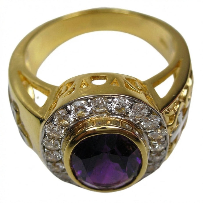 Rear view of 14K gold amethyst bishop ring showing intricate filigree scrollwork and cross cut-outs