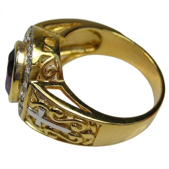 Back angle of gold amethyst bishop ring displaying open-work filigree band and diamond halo setting
