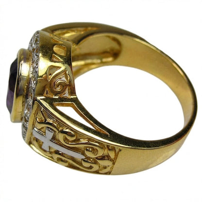 Back angle of gold amethyst bishop ring displaying open-work filigree band and diamond halo setting