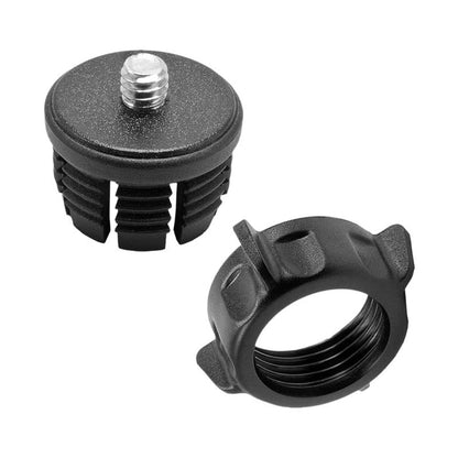 The 17mm Ball to 1/4-20 Camera Bolt Pattern Adapter with Tightening Ring features a black threaded design and a textured top plug, both made for simple assembly or attachment to various camera setups.