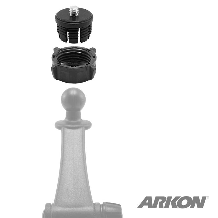 Exploded view of the black 17mm Ball to 1/4-20 Camera Bolt Pattern Adapter with Tightening Ring, showing the threaded cap, ring, and adapter top. The Arkon logo appears at the bottom right.