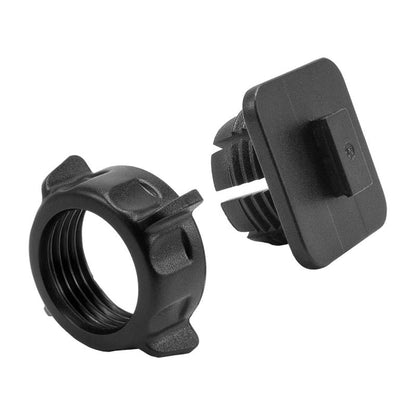 The 17mm Ball to Single T-Tab Adapter for XM Satellite Radio, Scosche, and Bracketron Mounts includes two black plastic parts—a threaded ring with side tabs and a square cap with a notch—shown on a white background.