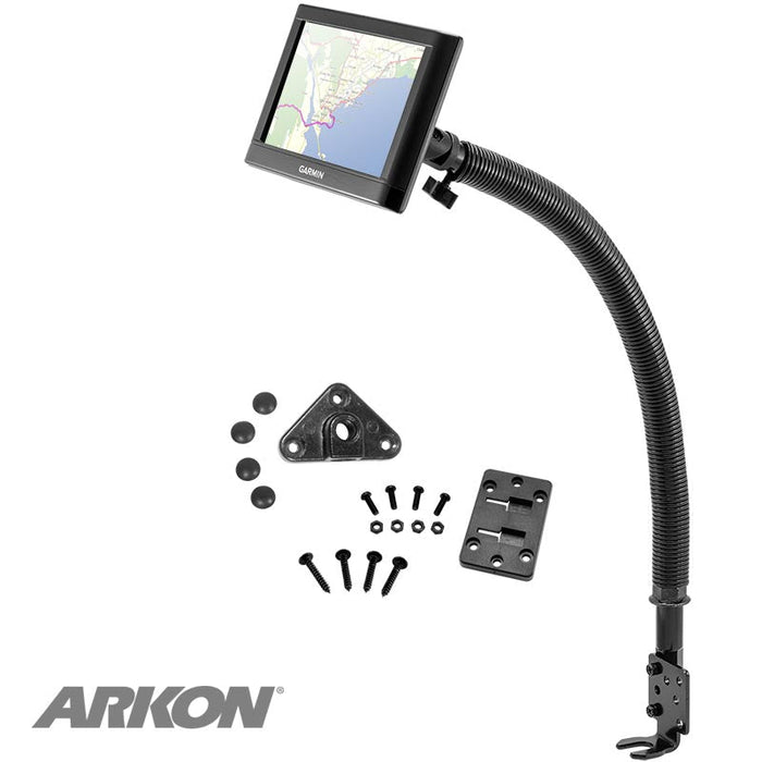 A Car Seat Rail or Floor Mount - 17mm Ball Compatible holds a GPS device with a flexible gooseneck, shown with mounting plates, screws, and hardware. The Arkon logo is displayed in the lower left corner.