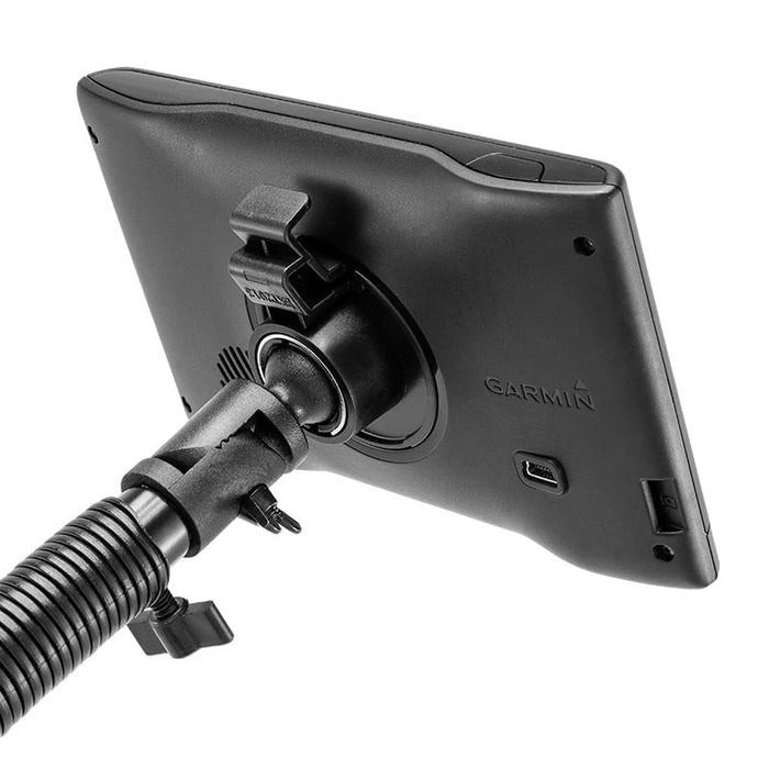 A close-up of a Car Seat Rail or Floor Mount - 17mm Ball Compatible, showing its attachment mechanism and various ports on the mounted Garmin GPS device.